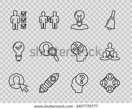 Set line User of man in business suit, Project team base, Human head with lamp bulb, Rocket ship fire, Magnifying glass for search people, question mark and  icon. Vector