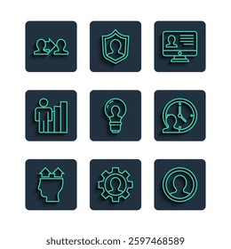 Set line User of man, Human with gear, Create account screen, Monitor resume, Head lamp bulb, Productive human, Project team base and Time Management icon. Vector