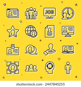 Set line User of man, Laptop with resume, Monitor, Speech bubble job, Globe and people, Head hunting, Resume and  icon. Vector