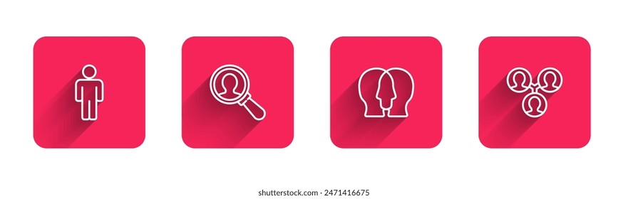 Set line User of man, Magnifying glass for search, Project team base and  with long shadow. Red square button. Vector