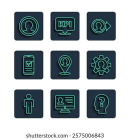 Set line User of man, Monitor with resume, Head question mark, Create account screen, Location person, Smartphone,  and Human gear icon. Vector