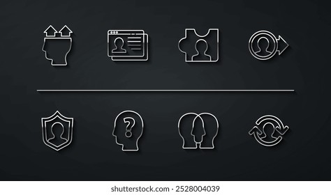 Set line User of man, protection, Create account screen, Project team base, Head with question mark, Resume, Human resources and hunting icon. Vector