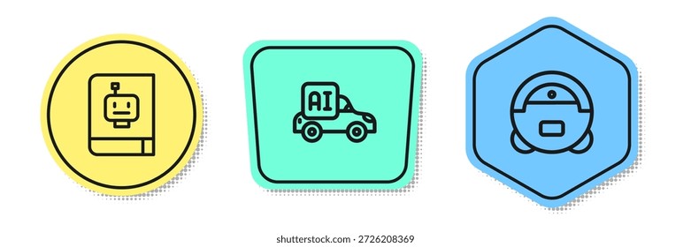 Definir linha Manual do usuário, Autonomous smart car e Aspirador robô. Formas coloridas. Vetor