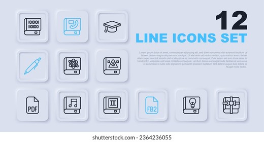 Set line User manual, Book as gift, about physics, FB2 File, Pen, Audio book, Phone and  icon. Vector