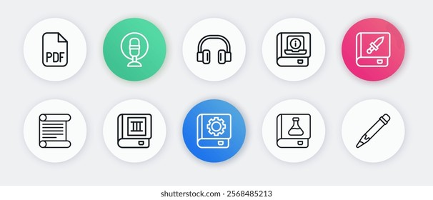 Set line User manual, Book about weapon, Decree, parchment, scroll, Chemistry book, Headphones, Pencil with eraser and  icon. Vector