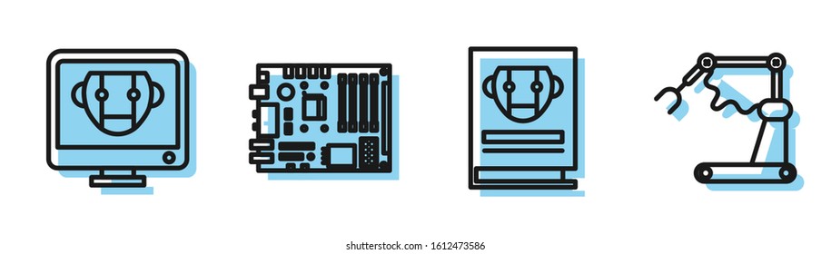 Set line User manual, Bot, Electronic computer components motherboard digital chip and Industrial machine robotic robot arm hand factory icon. Vector