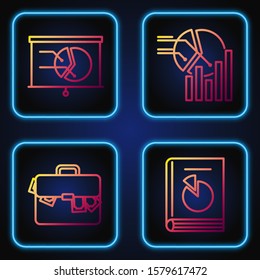 Set line User manual, Briefcase and money, Board with graph chart and Pie chart infographic. Gradient color icons. Vector