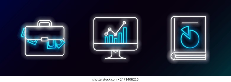 Establecer línea Manual del usuario, Maletín y dinero y Monitor de ordenador con gráfico icono. Neón brillante. Vector