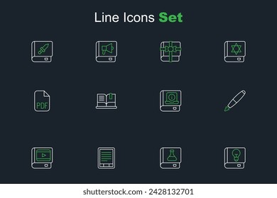 Set line User manual, Chemistry book, E-Book reader, about cinema, Fountain pen nib, Open and PDF file document icon. Vector