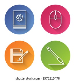 Set line User manual, Computer mouse, Blank notebook and pen and Pen line. Color circle button. Vector