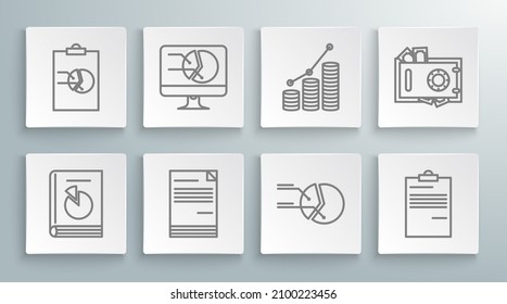 Set line User manual, Computer monitor with graph chart, Document, Pie infographic, and coin, Safe money and Clipboard icon. Vector