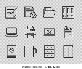 Definir linha Manual do usuário, Envelope, pasta do documento, Xícara de café, Bloco de notas e caneta em branco, Impressora, Gaveta com documentos e papel de nota ícone de botão fixado. Vetor