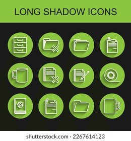 Set line User manual, File document and paper clip, Drawer with documents, Document folder, Coffee cup, Delete file, Scotch and Blank notebook pen icon. Vector