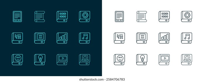 Set line User manual, Financial book, Book about cinema, Books programming, E-Book reader and Decree, parchment, scroll icon. Vector