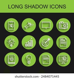 Set line User manual, Light bulb with concept of idea, Clipboard graph chart, Document, Computer monitor, Pie infographic and coin, Resume and Target icon. Vector