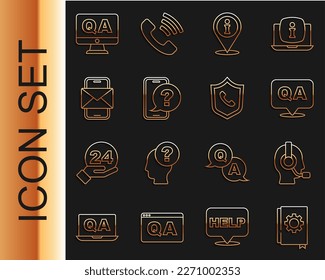 Establecer línea Manual de usuario, Hombre con auriculares, Pregunta y respuesta, Información de ubicación, Soporte telefónico las 24 horas, sobre móvil e icono. Vector