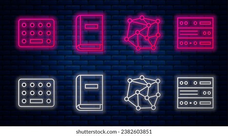 Establecer línea Manual de usuario, red neuronal, Pills en blister pack y Server, Data, Web Hosting. Icono de neón brillante en la pared de ladrillo. Vector