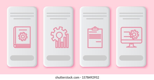 Set line User manual, Pie chart infographic, Document and Computer monitor with graph chart. White rectangle button. Vector