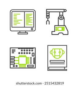 Set line User manual, Printed circuit board PCB, Assembly line and Computer monitor screen icon. Vector