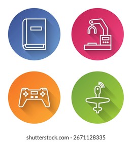 Manual de usuario, fábrica de mano de brazo robótico, Gamepad y UAV Drone. Botón de círculo de color. Vector