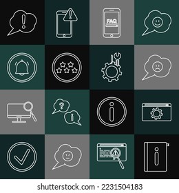 Fijar línea Manual del usuario, Ajuste, Burbuja de voz con sonrisa triste, Información de preguntas frecuentes sobre teléfonos móviles, Revisión de clasificación de cinco estrellas, Notificación de chat de botón, Exclamación y Llave y icono del engranaje del destornillador. Vector