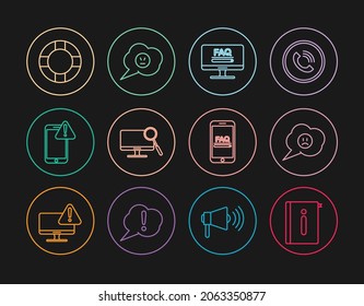 Fijar el manual de usuario de la línea, la burbuja de voz con sonrisa triste, la información de preguntas frecuentes del monitor, el diagnóstico del monitor del ordenador, el signo de exclamación del móvil, la animación y el icono de enojo. Vector