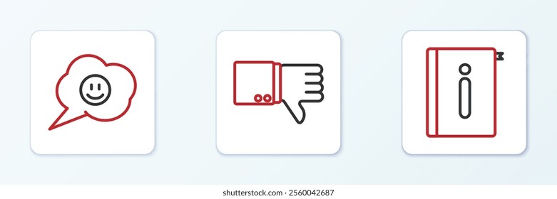 Set line User manual, Speech bubble with smile face and Dislike icon. Vector