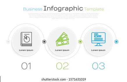Set line User manual, Stacks paper money cash and Computer monitor with resume. Business infographic template. Vector
