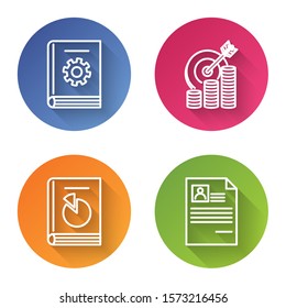 Set line User manual, Target with coin symbol, User manual and Resume. Color circle button. Vector