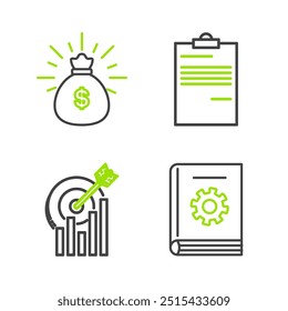Set line User manual, Target with graph chart, Document and Money bag icon. Vector