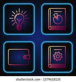 Set line User manual, Wallet, Light bulb with rays shine and concept of idea and User manual. Gradient color icons. Vector