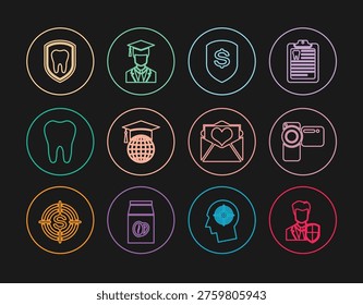 Set line User protection, Cinema camera, Shield and dollar, Graduation cap globe, Tooth, Dental, Envelope with Valentine heart and Graduate graduation icon. Vector
