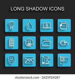 Set line User protection, Envelope with Valentine heart, Hot air balloon, Coffee machine and cup, Cinema camera, Human resources, pot and Kettle handle icon. Vector