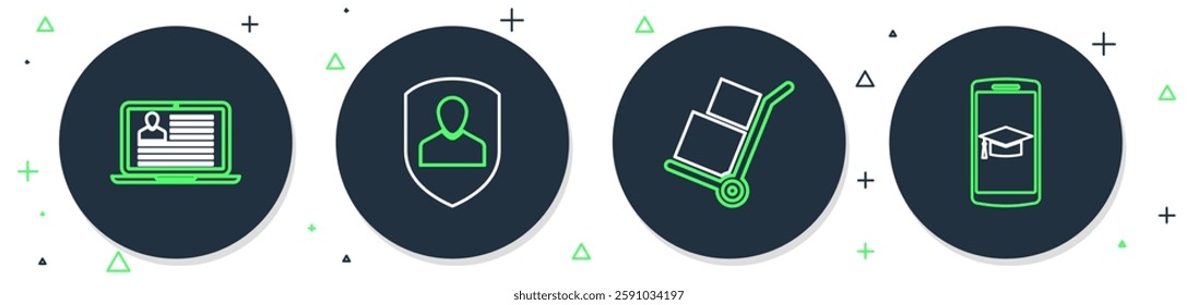 Set line User protection, Hand truck and boxes, Laptop with resume and Graduation cap mobile icon. Vector