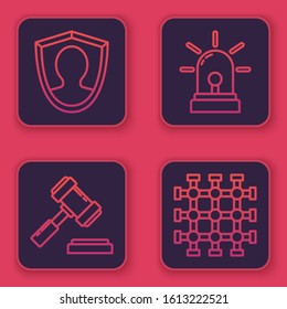 Set line User protection, Judge gavel, Flasher siren and Prison window. Blue square button. Vector