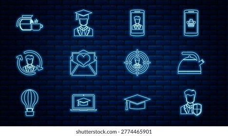 Set line User protection, Kettle with handle, Smartphone contact, Envelope Valentine heart, Human resources, Coffee pot cup, Head hunting and Graduate graduation cap icon. Vector