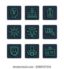 Set line User protection, Productive human, Identification badge, Multitasking manager working, Worker and Search job icon. Vector