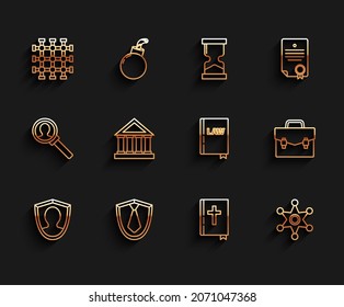 Set-Line User Protection, Tie, Prison-Fenster, Heiliges Bibelbuch, Hexagram Sheriff, Courthouse Building, Briefcase and Law Icon. Vektorgrafik