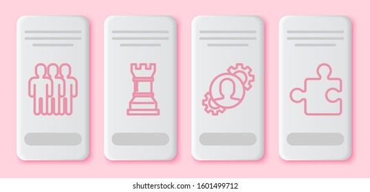 Set line Users group, Business strategy, Human with gear inside and Piece of puzzle. White rectangle button. Vector