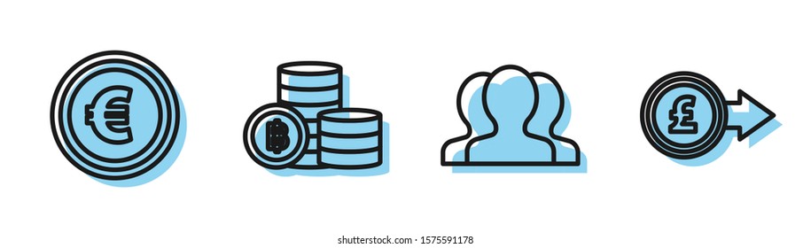 Set line Users group, Coin money with euro symbol, Cryptocurrency coin Bitcoin and Coin money with pound sterling symbol icon. Vector