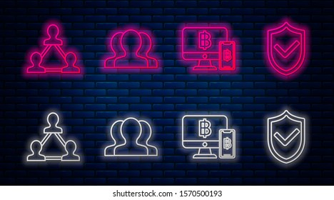 Set line Users group, Computer monitor with mobile phone and bitcoin, Project team base and Shield with check mark. Glowing neon icon on brick wall. Vector
