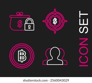 Set line Users group, Cryptocurrency coin Bitcoin, Target with dollar symbol and Closed wallet lock icon. Vector