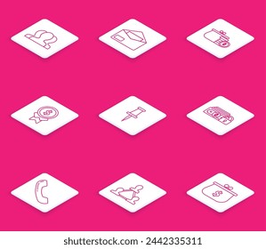 Set line Users group, Envelope, Wallet with coins, Reward for good work, Push pin, Money lock, Telephone handset and Project team base icon. Vector