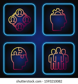 Set line Users group, Human head puzzles strategy, Project team base and Human with gear inside. Gradient color icons. Vector