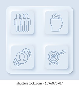 Set line Users group, Human with gear inside, Human with gear inside and Target with arrow. White square button. Vector