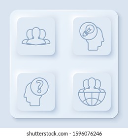 Set line Users group, Human head with lamp bulb, Human head with question mark and Globe and people. White square button. Vector
