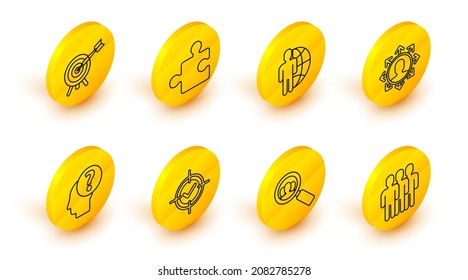 Set line Users group, Magnifying glass for search a people, Target and check mark, Human head with question, Project team base, Globe, Piece of puzzle and arrow icon. Vector