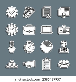 Set line Users group, of man in business suit, Identification badge, Certificate template, Briefcase, Time Management, Approved and check mark and Laptop icon. Vector