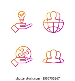 Set line Users group, Piece of puzzle in hand, Light bulb in hand and Globe and people. Gradient color icons. Vector