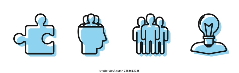 Set line Users group, Piece of puzzle, Project team base and Human head with lamp bulb icon. Vector